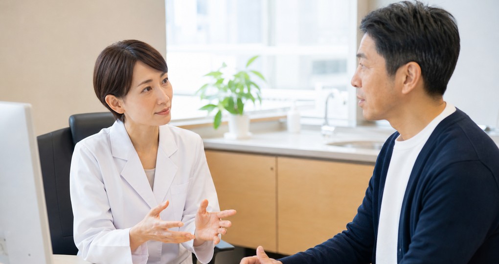 医師から健康について説明を受ける男性