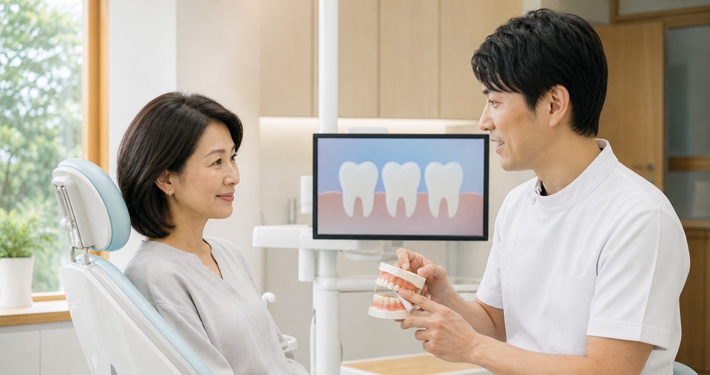 歯科医院で歯ぐきの状態について説明を受ける女性