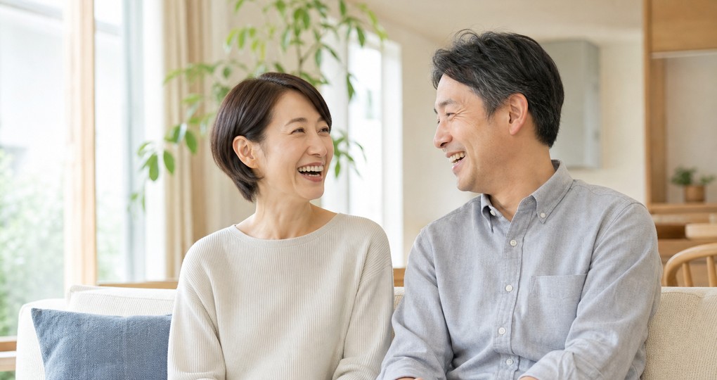 健康な口元で笑い合う夫婦