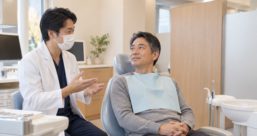歯科医院で歯科医師から説明を受ける男性