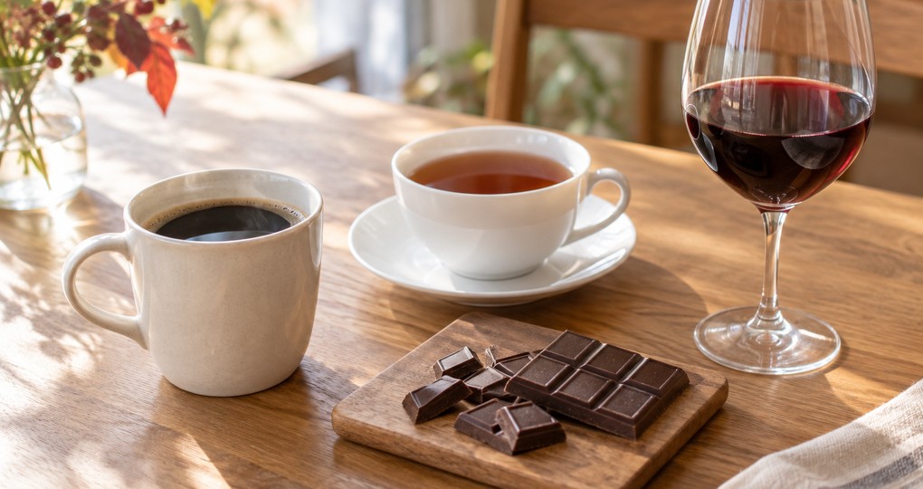 テーブルに並んだコーヒー・紅茶・チョコレート・赤ワイン